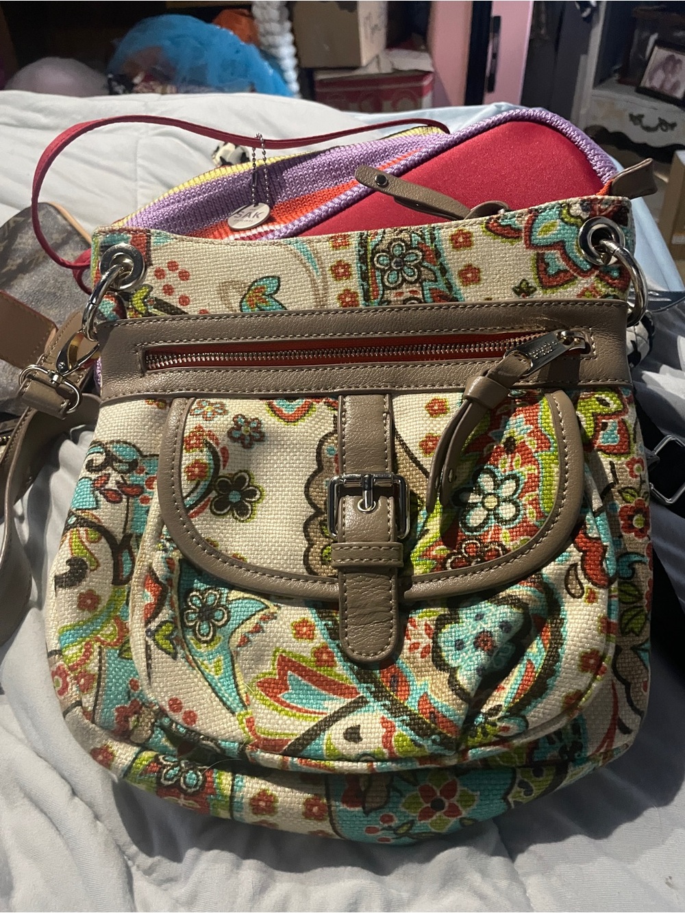 Spartina 449 Multicolor Floral Canvas Shoulder Bag with Taupe Trim